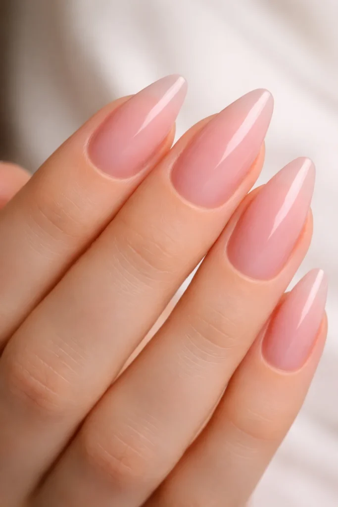 Almond-shaped soft pink gel nails, elegant pink nail ideas for everyday wear.