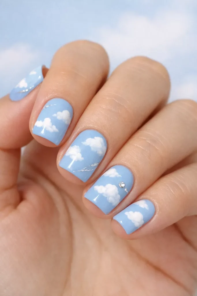 Pale blue nails with hand-painted white cloud art.