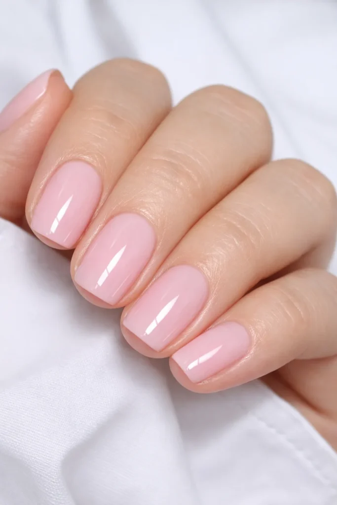 Baby pink glossy manicure featuring soft light pink nail ideas with high-shine finish.