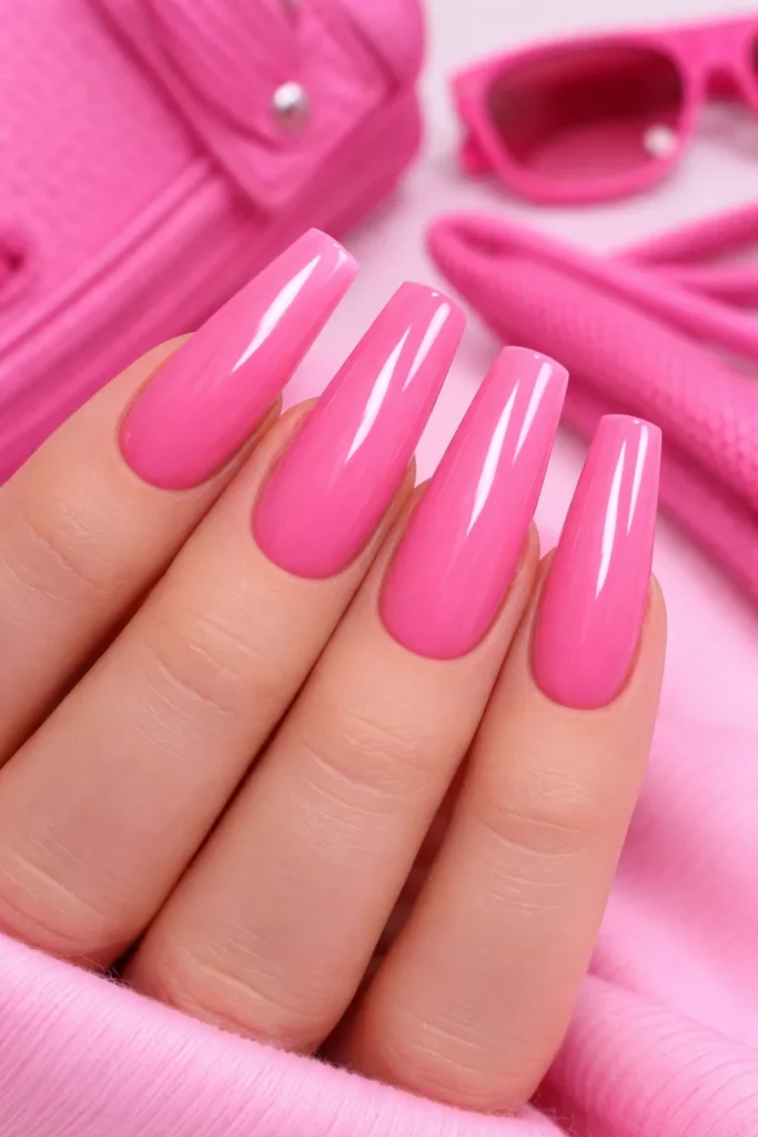 Barbiecore bubblegum pink manicure, vibrant pink nail ideas for summer.