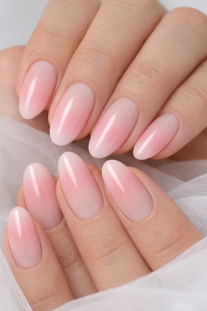 Blush pink ombré manicure blending nude base into soft pink, elegant pink nail ideas.