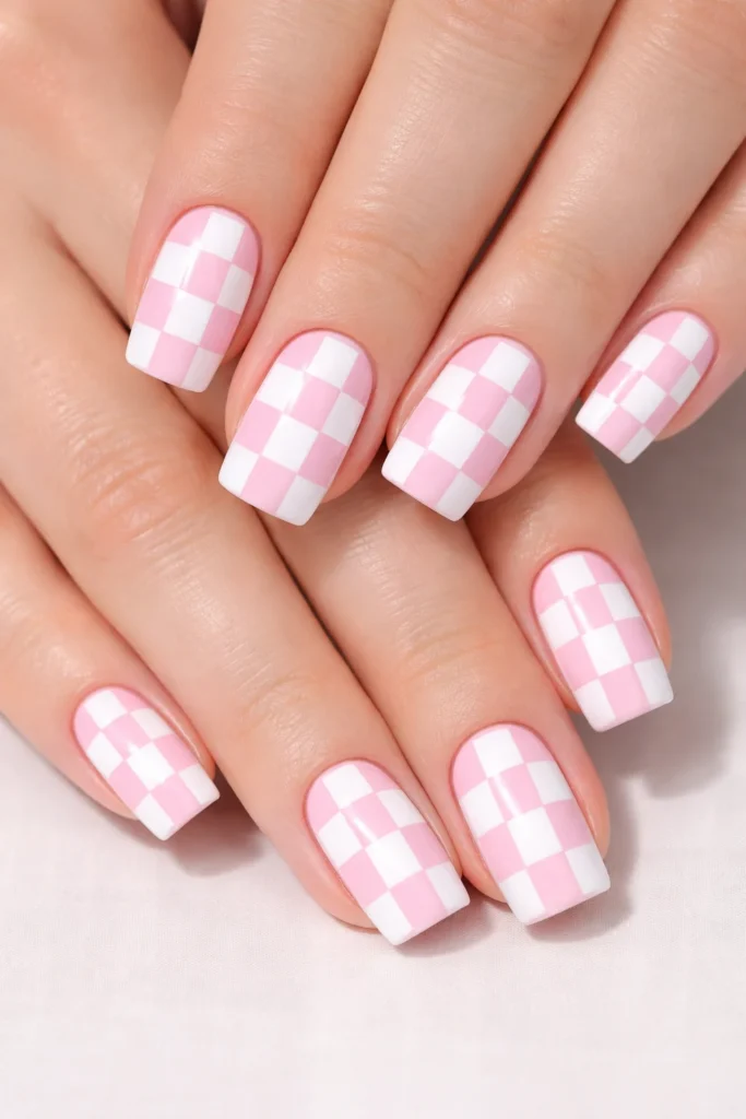 Pink checkerboard nail art with graphic pattern, trendy pink nail ideas.
