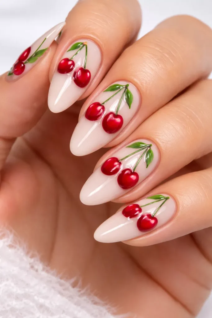 Nude nails with glossy red cherry nail art.