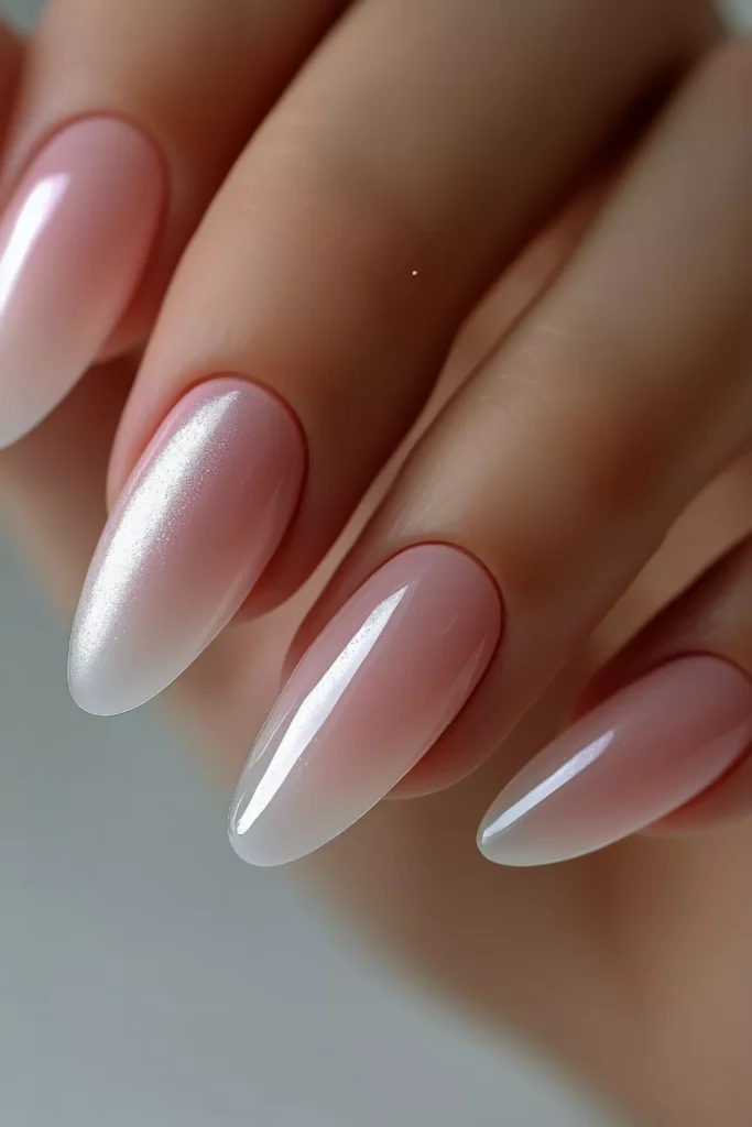 Long almond-shaped nails featuring a soft pink-to-white gradient ombré with a high-gloss, shimmering pearlescent finish that catches the light.