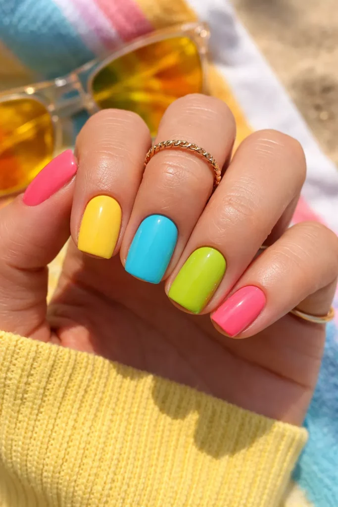 Short nails painted in multiple bright summer shades.