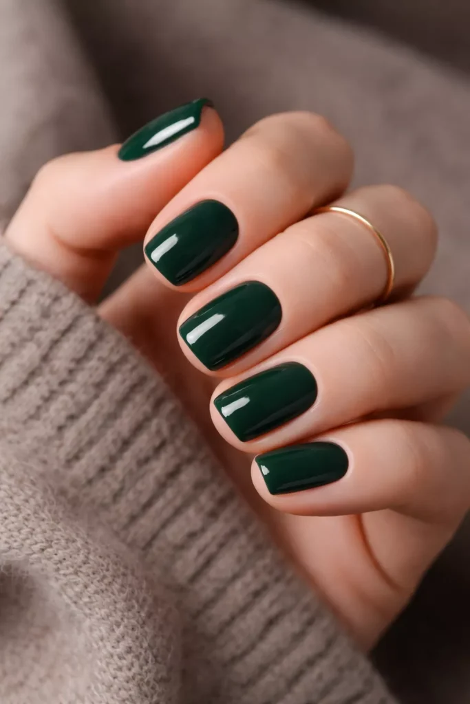 Short squoval nails in glossy dark forest green