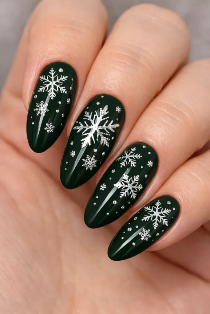 Almond forest green nails with silver snowflake art