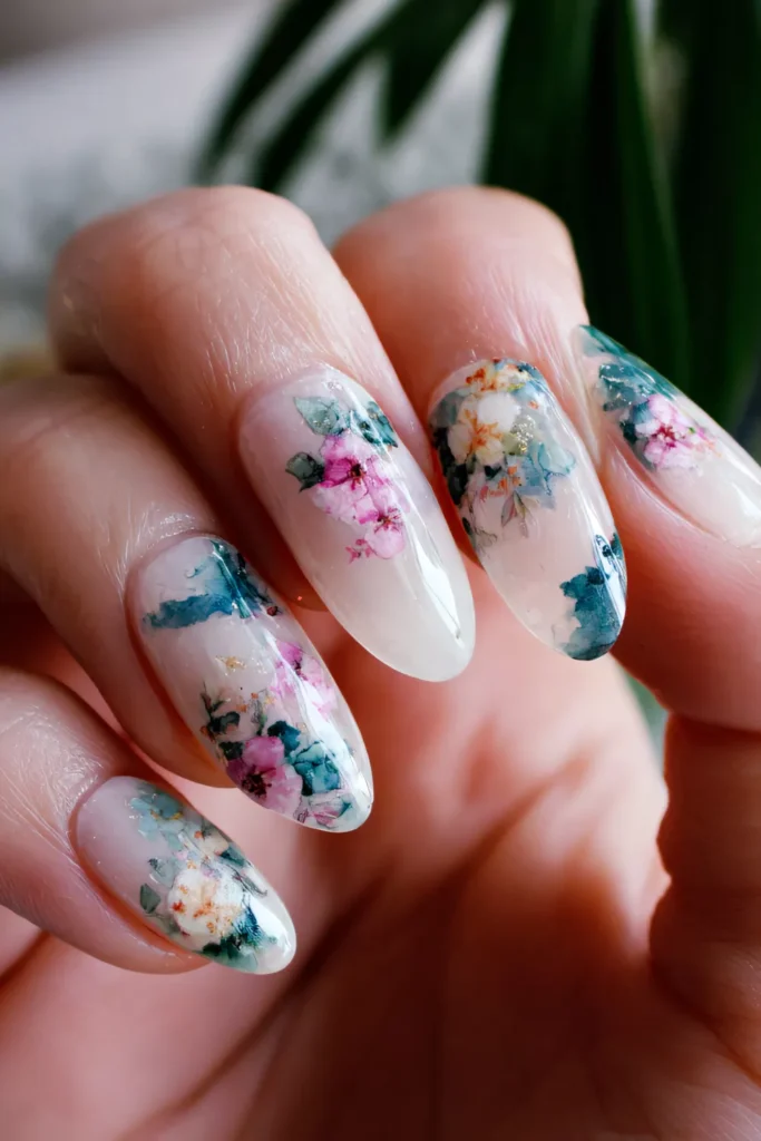 Long almond-shaped nails with a milky white base featuring intricate watercolor-style floral art in shades of pink, teal, and white with subtle gold foil flecks.