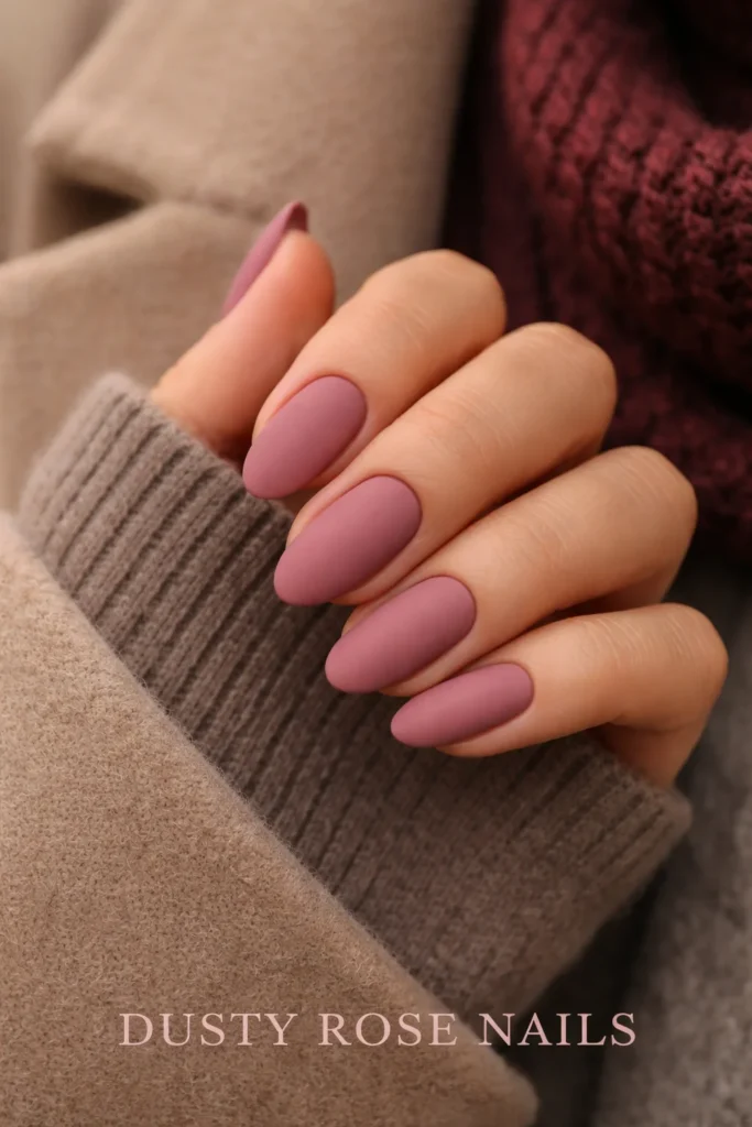 Dusty rose matte pink nails, muted and sophisticated pink nail ideas for fall.