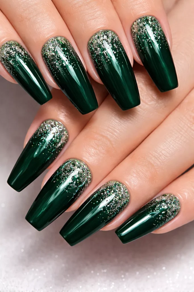 Coffin nails with emerald base and glitter fade