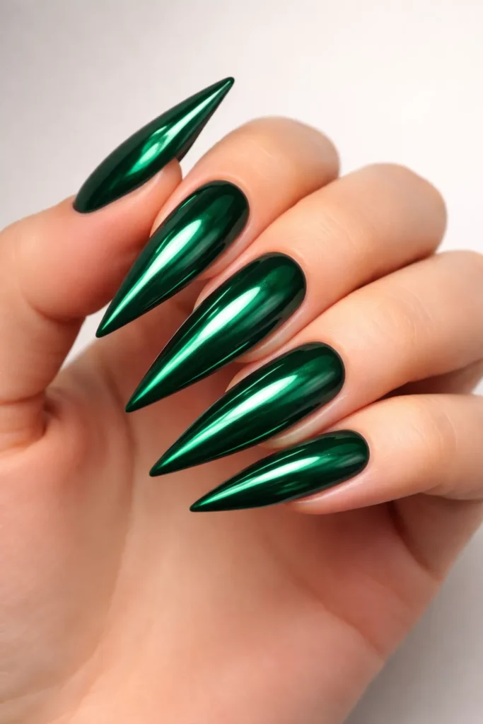 Long stiletto nails painted glossy emerald green