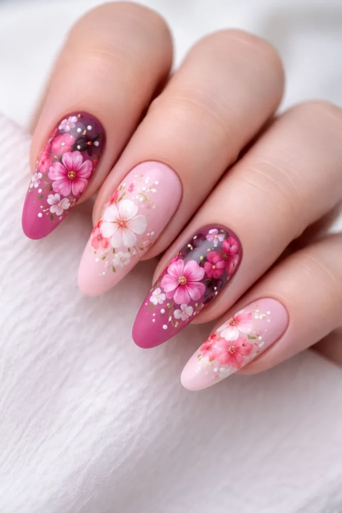 Floral pink nail art with hand-painted flowers, spring pink nail ideas.