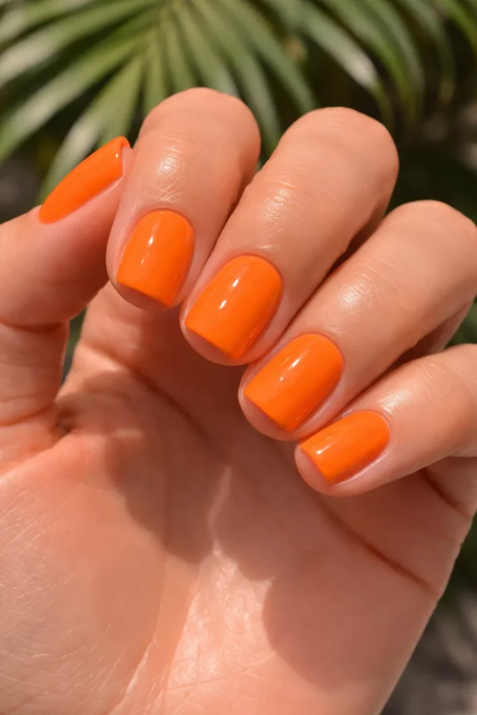 Short square nails painted glossy bright tangerine orange.
