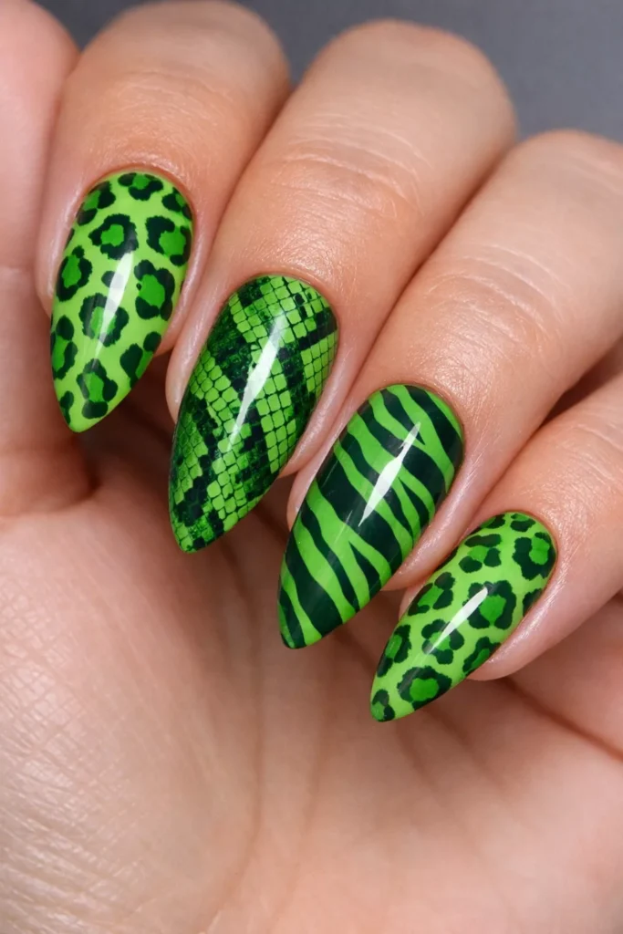 Almond nails featuring green leopard animal print