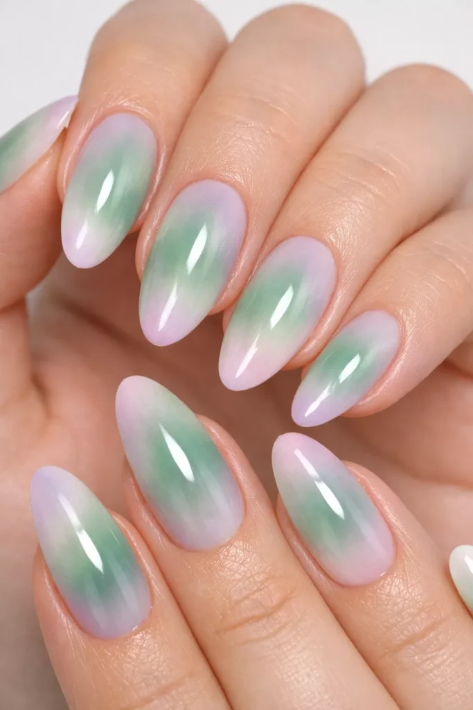 Almond nails with soft green aura gradient design