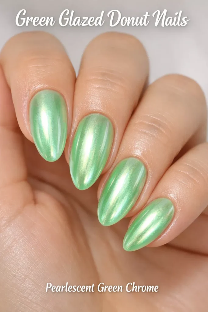 Almond nails with pearlescent green glazed chrome finish