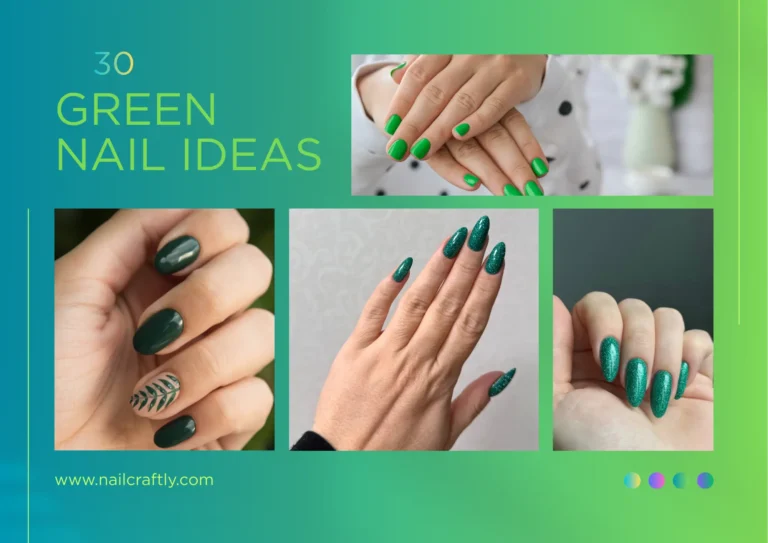 Collage of green nail designs including solid lime, dark forest with leaves, and emerald glitter.