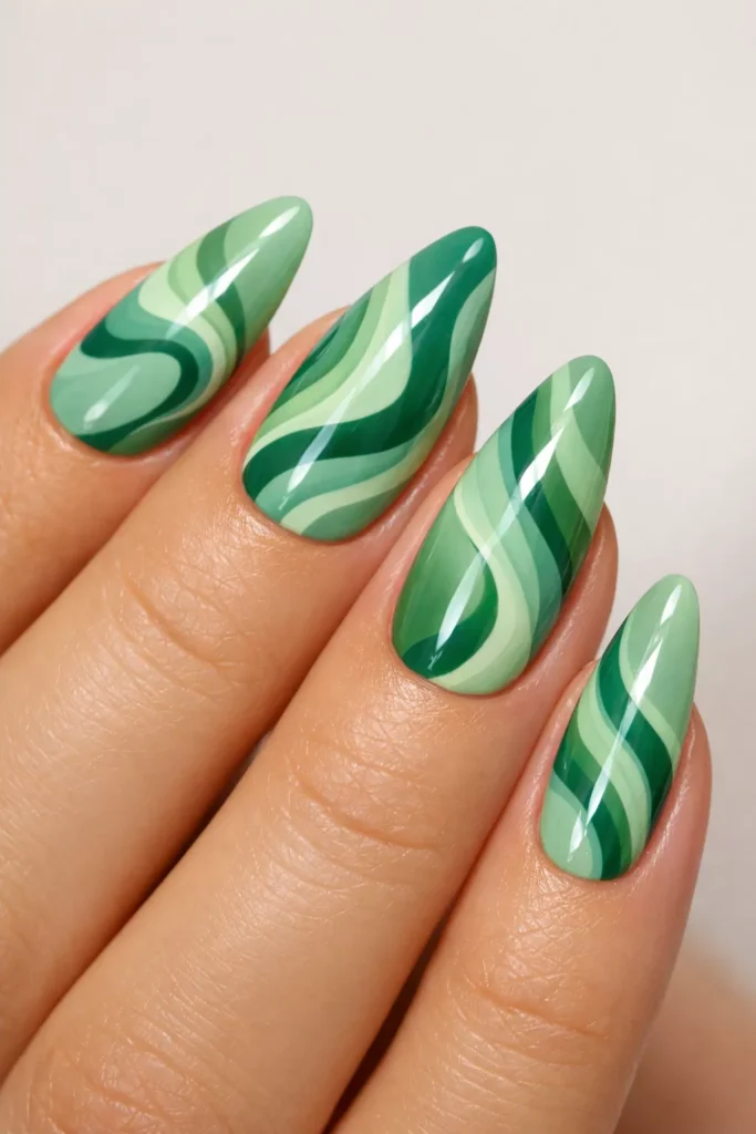Coffin nails with abstract multi-shade green swirls