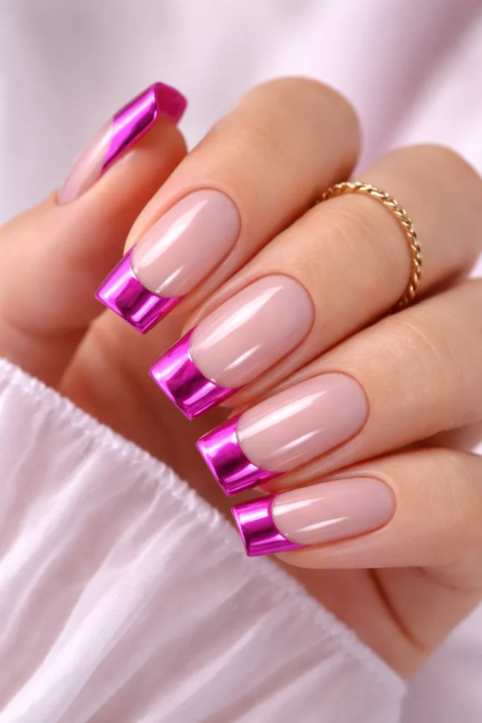 Sheer nude nails with reflective hot pink chrome French tips.