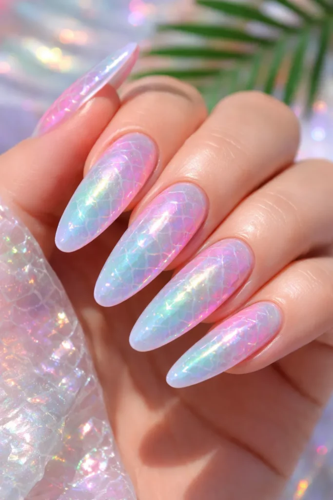 White-based nails with iridescent mermaid chrome effect.