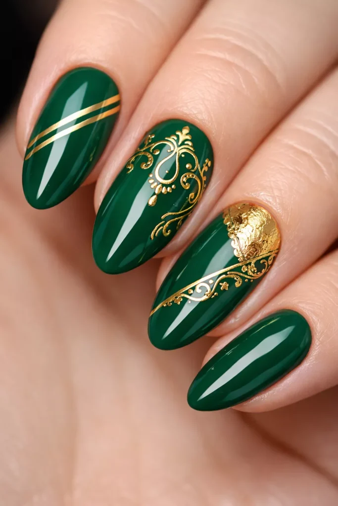 Almond jade green nails with fine gold striping