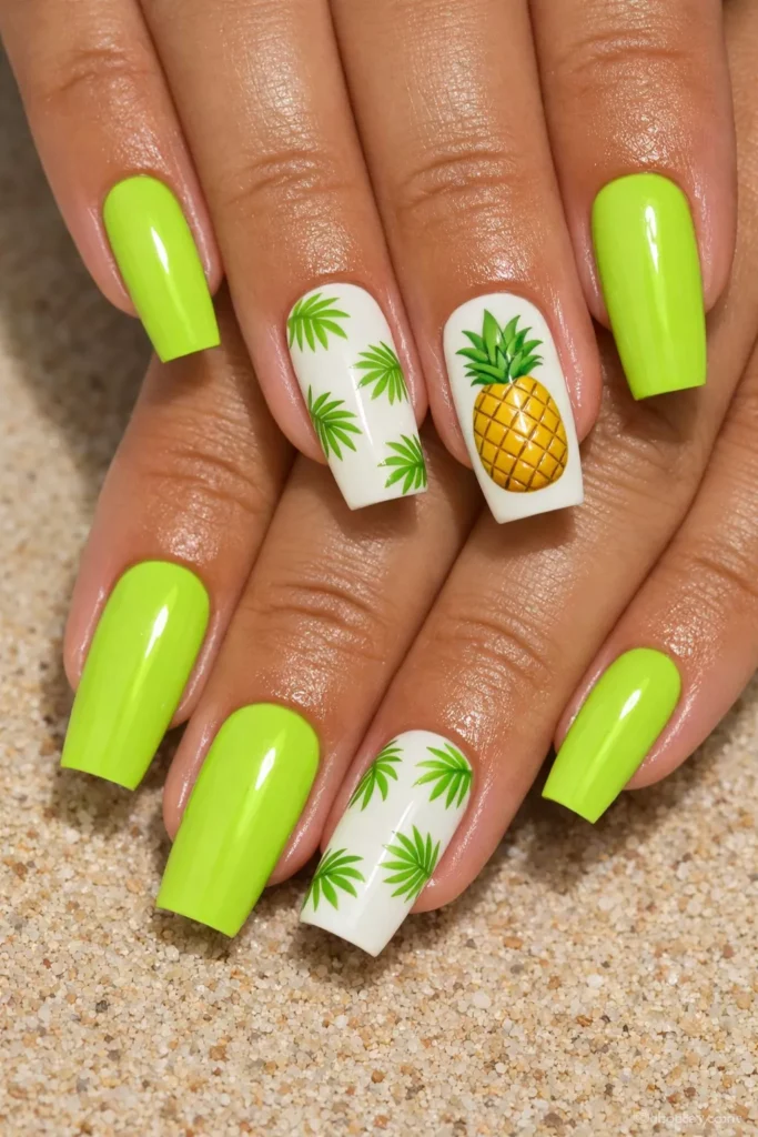 Coffin lime green nails with palm leaf art