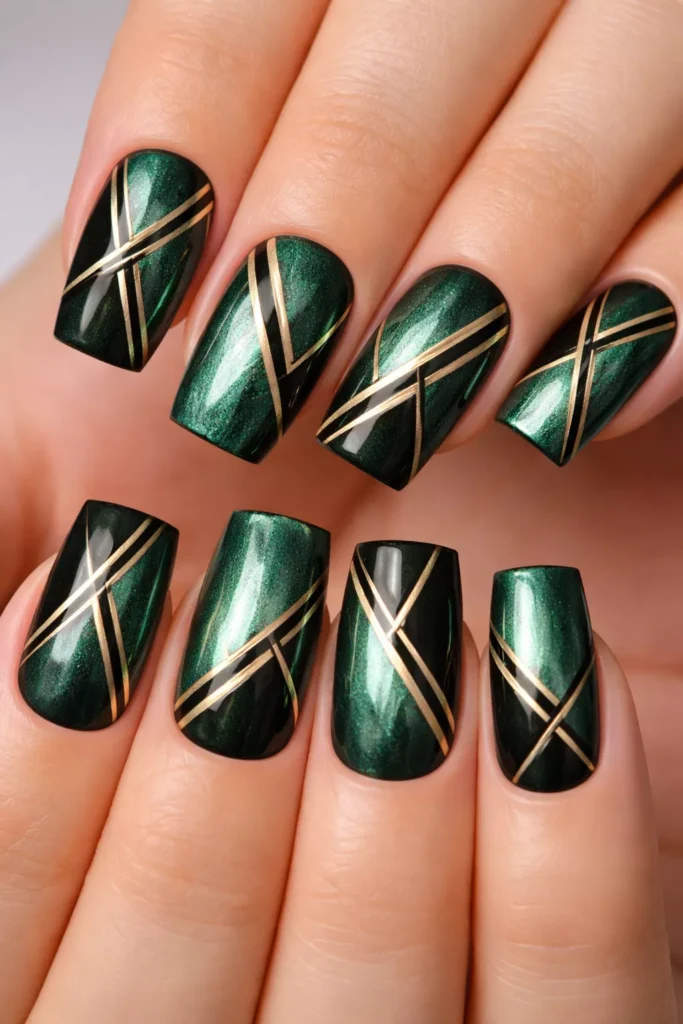 Square metallic green nails with black geometric lines