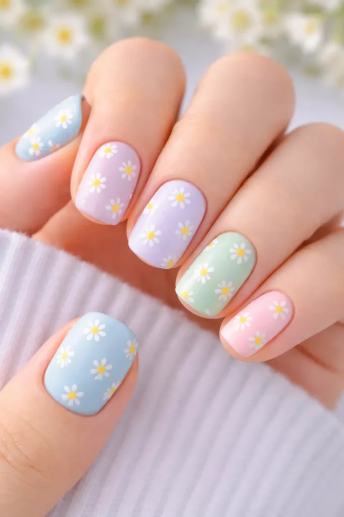 Pastel blue nails with tiny white daisies.