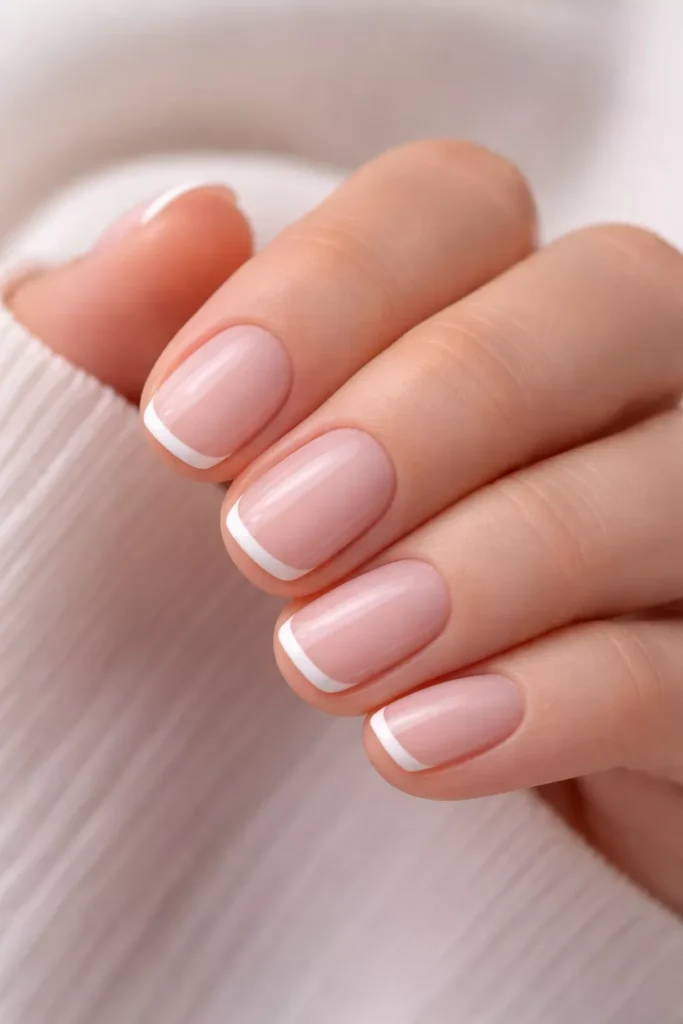 Short nude nails with delicate white micro French tips.