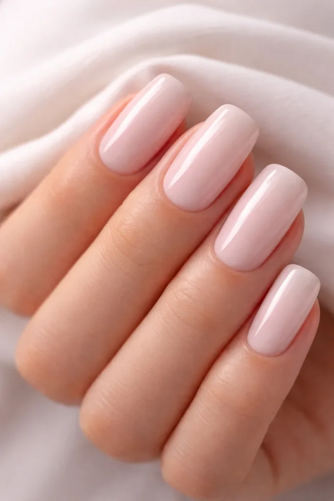 Milky pink nails with creamy opaque finish, trending minimalist pink nail ideas 2026.