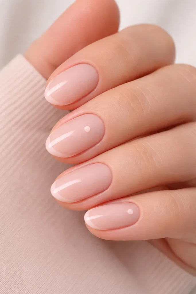 Minimalist pink nail ideas with thin line and half-moon blush details.