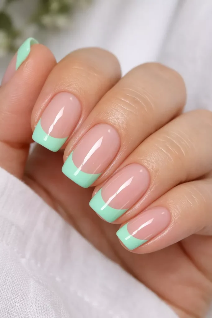 Short almond nails with glossy mint green French tips