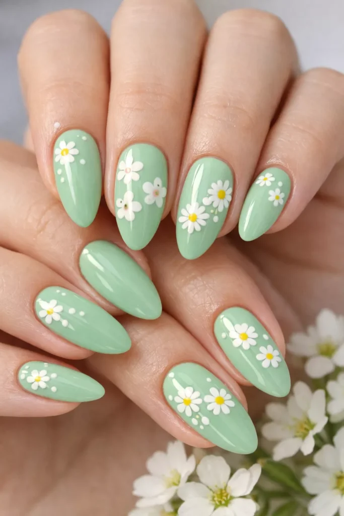 Almond mint green nails with tiny white flowers