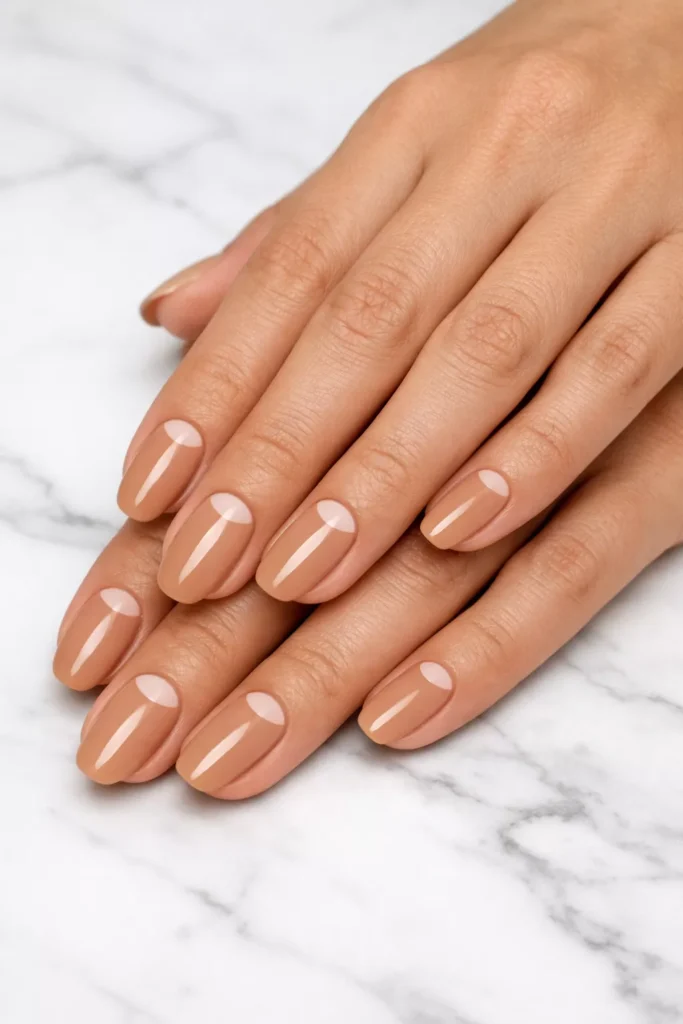 A pair of hands resting on a white marble surface, showcasing a glossy camel-nude manicure with a negative space half-moon design at the base of each oval-shaped nail.