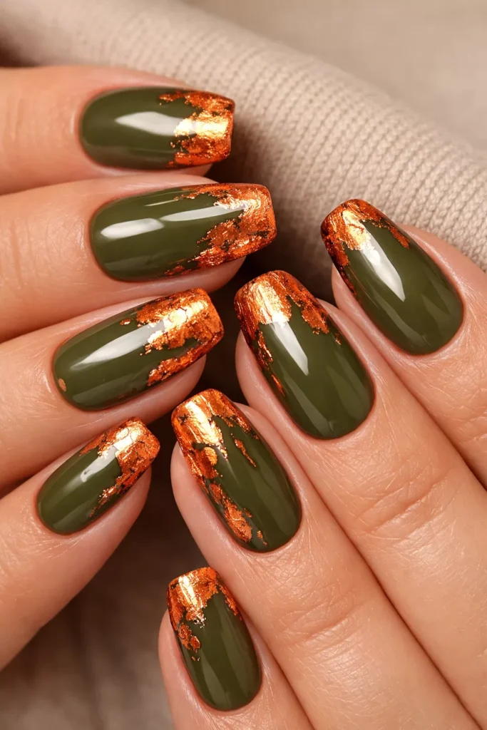 Squoval olive green nails with copper foil accents