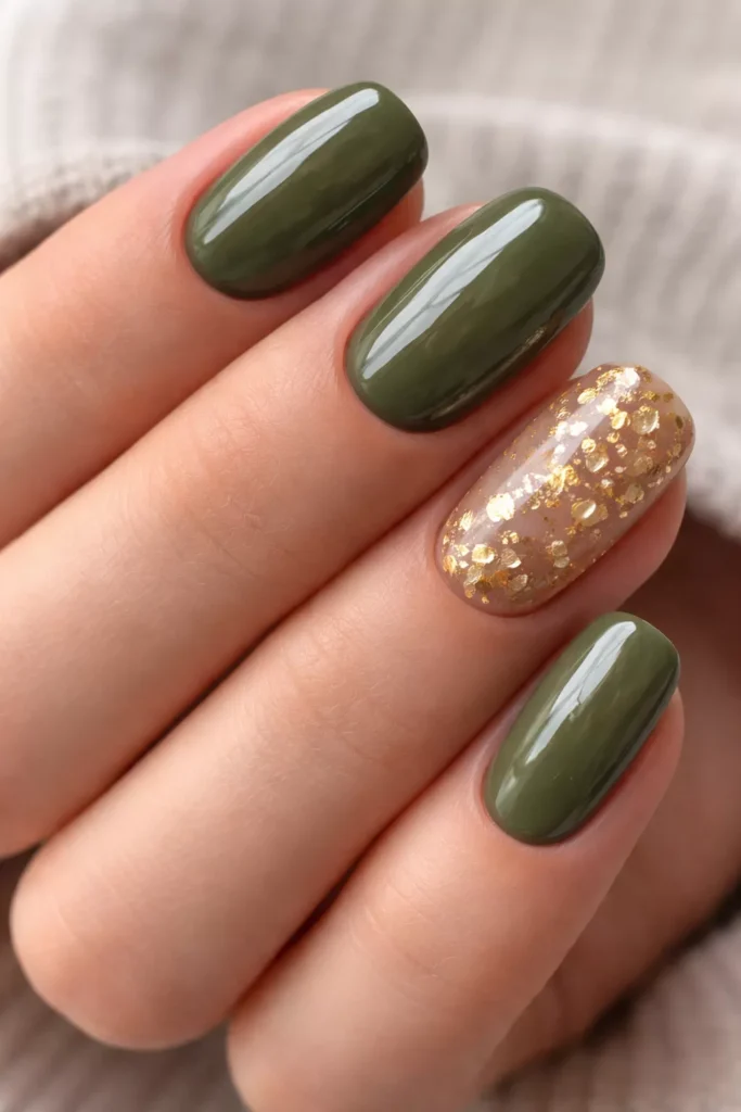 Olive green nails with delicate gold foil accents