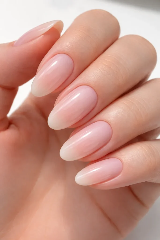 Oval pink nails with sheer blush finish, classy pink nail ideas.