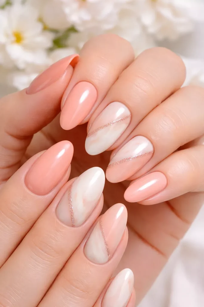 Alternating peach and cream almond-shaped nails.