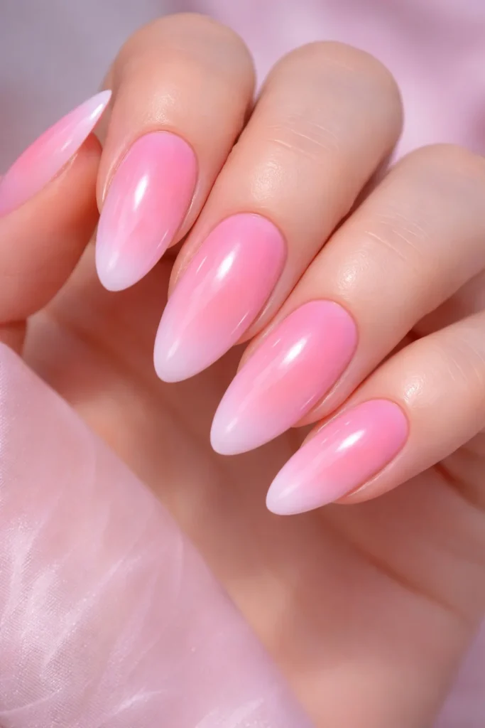 Pink aura nails with soft halo gradient effect, trendy pink nail ideas 2026.