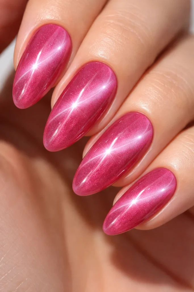 Pink cat-eye gel nails with magnetic shimmer effect, trendy pink nail ideas.