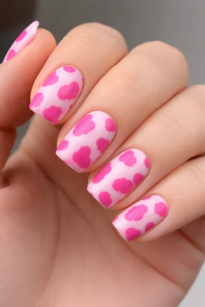 Pink cow print nail art with blush base and hot pink spots, fun pink nail ideas.