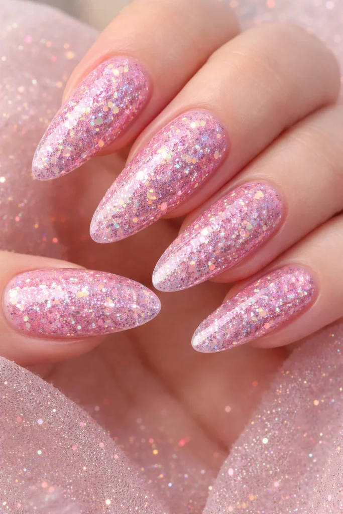 Pink glitter nails with holographic sparkle, glam pink nail ideas.