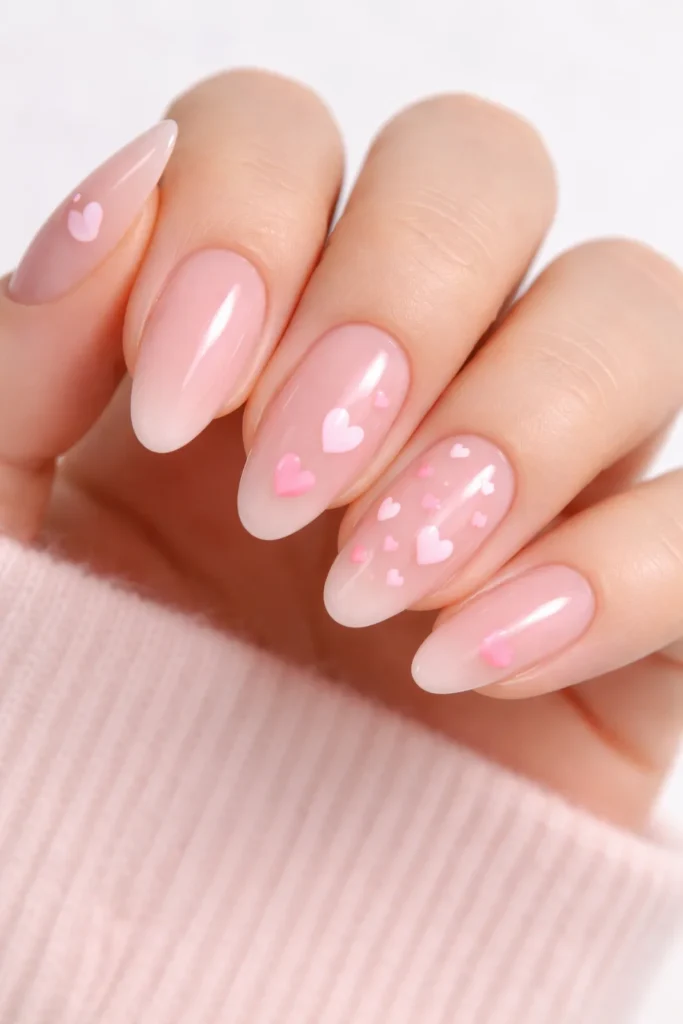 Pink heart nail art on blush base, romantic pink nail ideas.