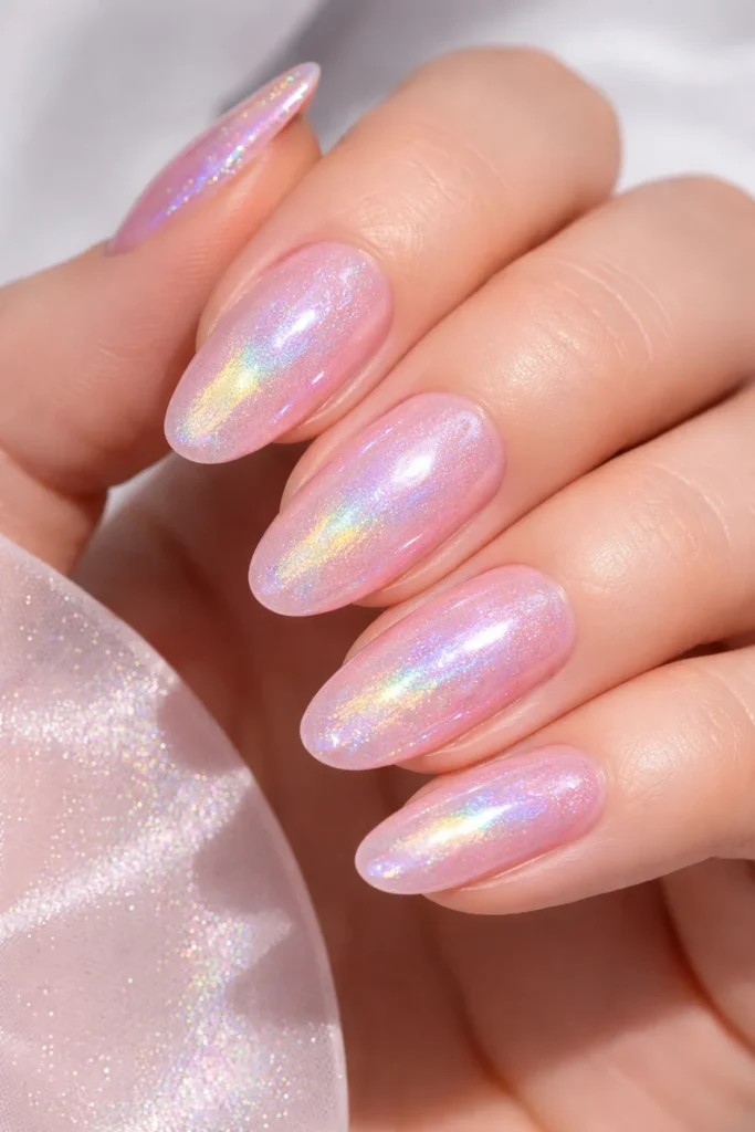 Pink holographic nails with rainbow reflection, party pink nail ideas.