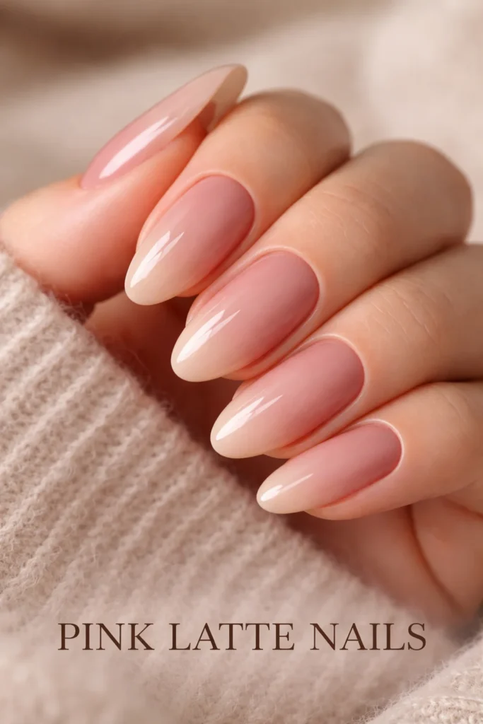 Pink latte nails with warm beige-blush tones, trendy pink nail ideas 2026.