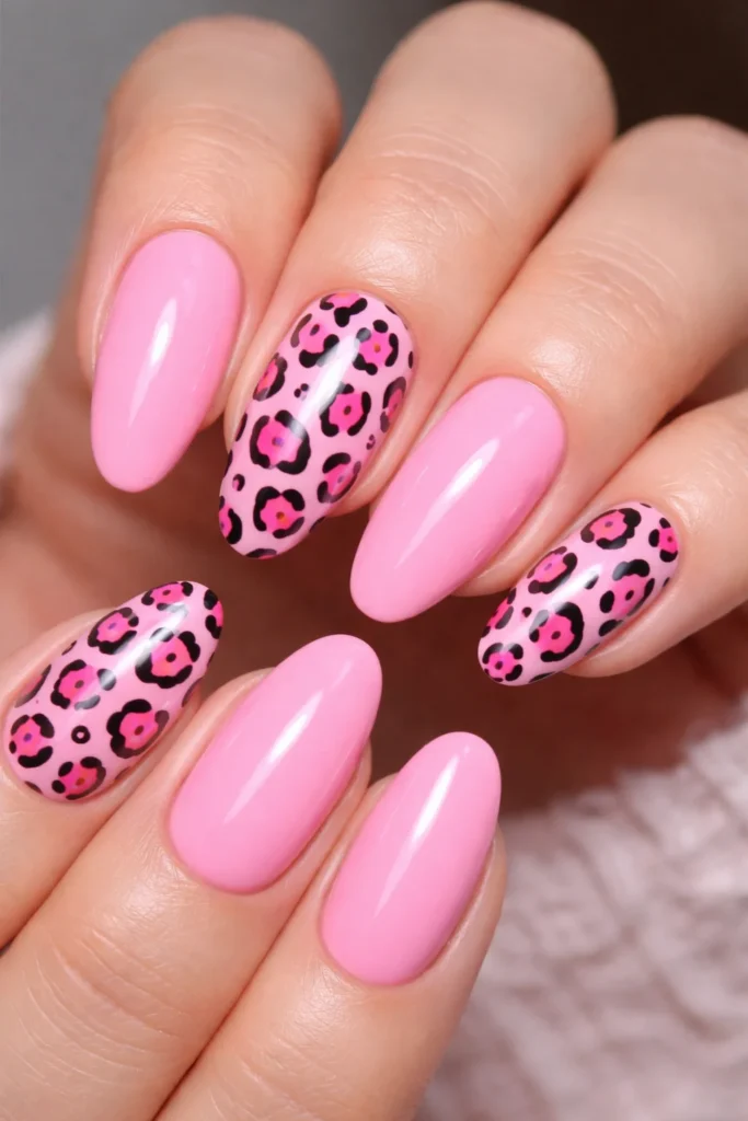 Pink leopard print nail design with bold hot pink accents, trendy pink nail ideas.