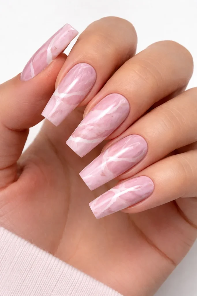 Pink marble nail design with white veins, elegant pink nail ideas.