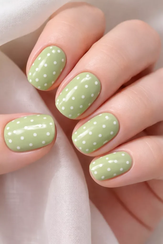 Round pistachio green nails with tiny white polka dots