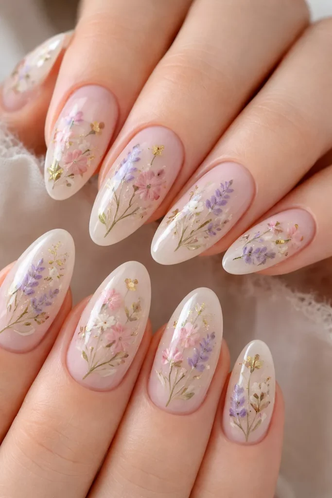 Sheer nude nails with delicate pressed flower art.