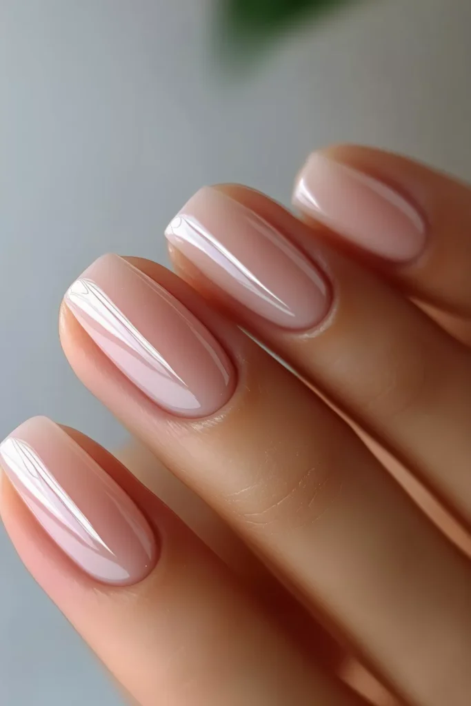 Close-up of a hand with a "Pure Bare Nude" manicure featuring glossy, semi-sheer peach-nude polish on medium-length square-oval nails.